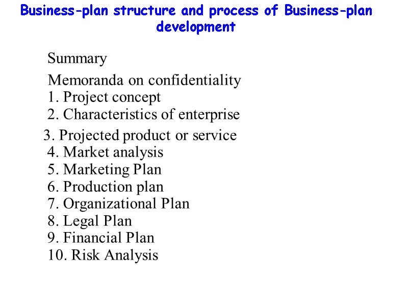 Business-plan structure and process of Business-plan development      Summary Memoranda